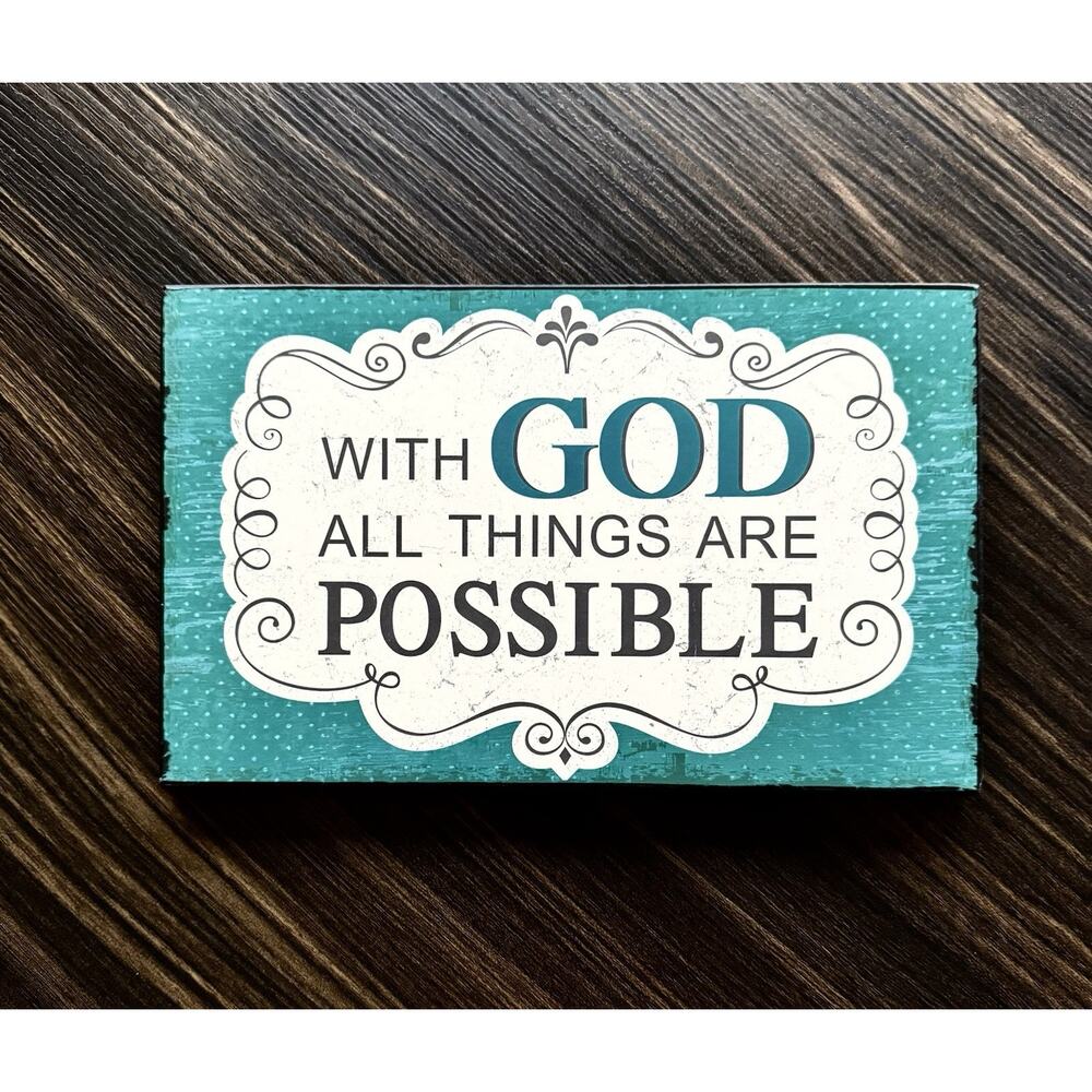 With God All Things Are Possible Plaque Sign Teal White Faith Wall Art Decor